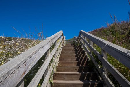 Stair case on sand dunes at Oregon pacific coast reaching to blue sky.