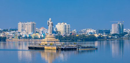 Photo for Hyderabad, Telangana, India - October 25, 2022 : Buddha statue in Hyderabad, India, is the world's tallest monolith of Gautama Buddha erected in the middle of Hussain sagar lake. - Royalty Free Image