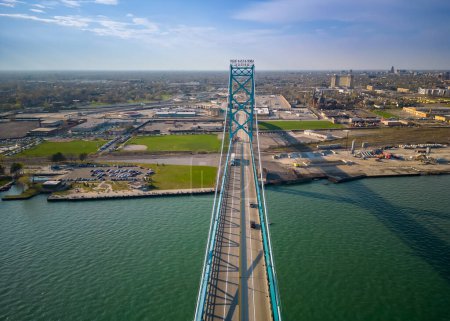 Photo for Detroit, Michigan USA - April 15, 2023: The Ambassador Bridge remains the largest international suspension bridge in North America. - Royalty Free Image