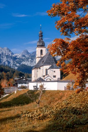 Photo for Famous church in the middle of Alp mountains at Ramsau village near Berchtesgaden, Germany. - Royalty Free Image