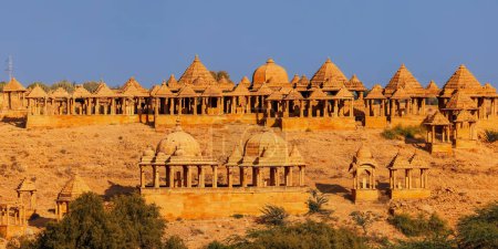 Aerial view of historic Royal Cenotaphs called Bada Bagh near Jaisalmer, Rajasthan.