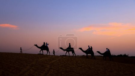 Camel safari at Sam sand dunes in Thar desert, Rajasthan under sunset.