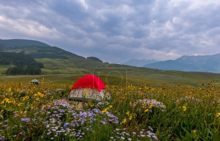 Panoramablick auf Colorado-Landschaft, rotes Zelt inmitten der Wildblumenwiese in der Nähe von Crested Butte.