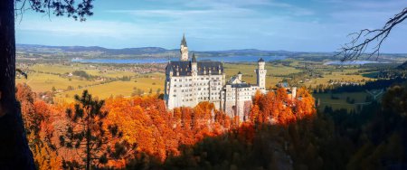 Téléchargez les photos : Vue panoramique panoramique du célèbre château historique de Neuschwanstein à Schwangau, Allemagne - en image libre de droit