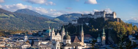 Aerial view of Salzburg Cathedral . Cathedral of Saints Rupert and Virgil and Salzburg fort panoramic view.