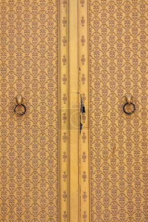 Ancient golden door with intricate pattern of Junagarh fort in Bikaner city, Rajasthan.