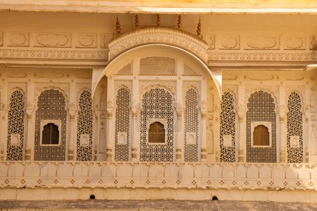 Arched windows architecture of historic Junagarh Fort in Bikaner, Rajasthan, India