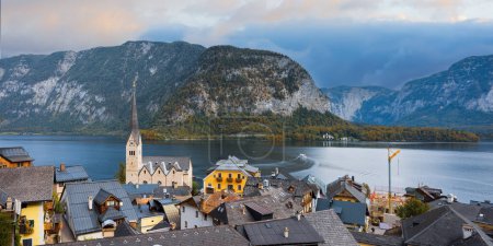 Panoramic view of scenic landscape of Hallstatt town and Hallstattersee in Austria