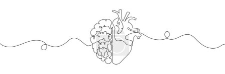 One line drawing of half of a human brain and a human heart. Vector illustration