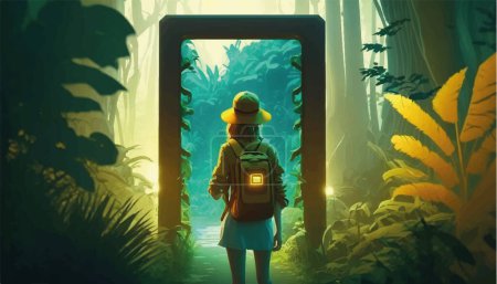 Ilustración de The girl looks at the magical luminous gate. 3d cartoon illustration of game place. . Vector illustration - Imagen libre de derechos