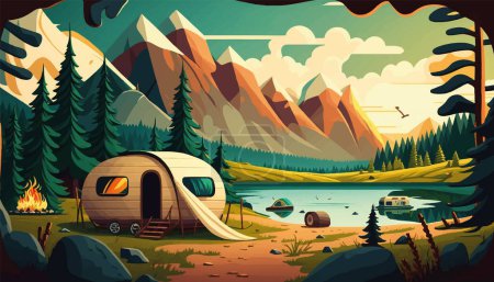 Photo for A wagon, a tent, an open-air fire are located in the forest against the backdrop of mountains and a river. Vector illustration - Royalty Free Image