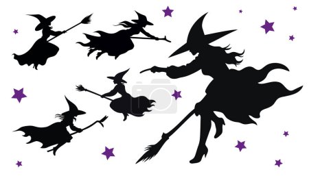 Photo for Silhouette witches flying on a broom maggic, with a white background. Vector illustration - Royalty Free Image