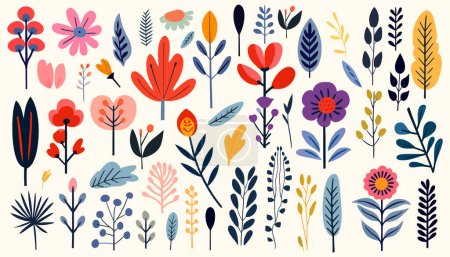 Ilustración de Flores silvestres abstractas dibujadas a mano, flores y hojas, iconos planos. Ilustración vectorial - Imagen libre de derechos