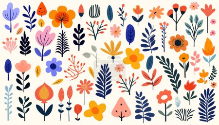Photo for Hand drawn abstract wildflowers, set flowers and leaves, flat icons. Vector illustration - Royalty Free Image
