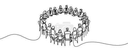 Photo for Group of people sitting in a circle for a discussion or meeting drawn by one line. Vector illustration - Royalty Free Image