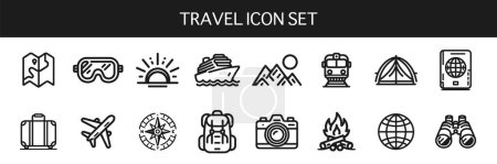 set of black travel related icons including transportation, accommodation and research equipment displayed on a white background. Vector illustration