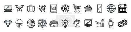 Photo for Set of black line icons of various technologies and modern life concepts, gadgets, connection and shopping, arranged in a row on a white background. Vector illustration - Royalty Free Image