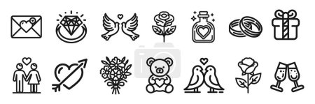 Photo for Set of black line icons representing love and romance, hearts, rings, doves and romantic symbols on a white background. Vector illustration - Royalty Free Image
