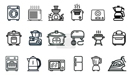 Conjunto de iconos vectoriales de línea negra para electrodomésticos de cocina aislados sobre fondo blanco. Ilustración vectorial