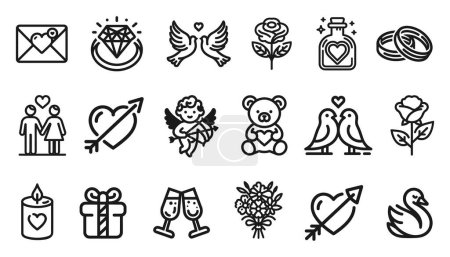 Photo for Set of black line icons representing love and romance, hearts, rings, doves and romantic symbols on a white background. Vector illustration - Royalty Free Image