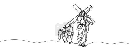 Téléchargez les illustrations : Dessin de Jésus-Christ portant la croix tracée ligne continue. Illustration vectorielle. - en licence libre de droit