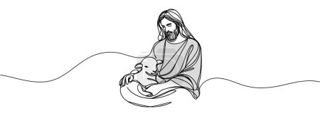 Téléchargez les illustrations : Dessin continu de Jésus-Christ tenant un agneau dans ses bras. - en licence libre de droit