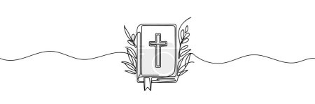 Continuous one line drawing silhouette of Bible. Bible linear icon. One line drawing background. Vector illustration