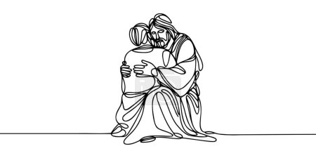 Téléchargez les illustrations : Une ligne continue attire Jésus embrassant un pécheur. - en licence libre de droit