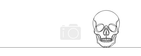 Human scull. One line continuous Halloween skull isolated on white background. Line art outline vector illustration.