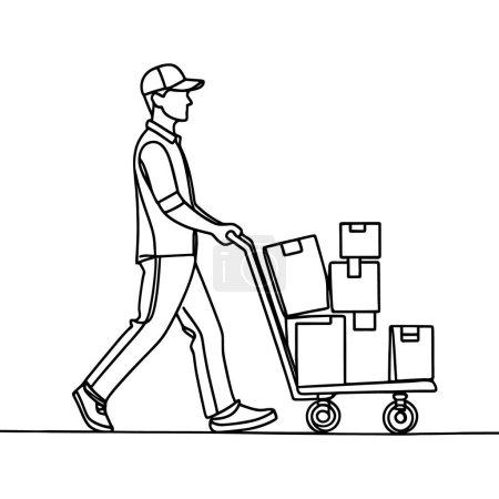 Photo for Single line drawing of a courier with a cardboard box with a trolley. Delivery service concept. Vector illustration of continuous line drawing. - Royalty Free Image