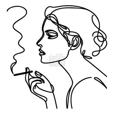Photo for Woman with a cigarette in her mouth one line drawing on white isolated background. - Royalty Free Image