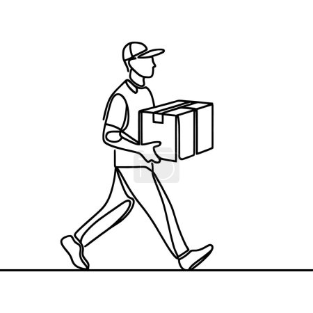 Photo for Continuous one line drawing of parcel delivery. Young guy with a shopping delivery box on a white background - Royalty Free Image