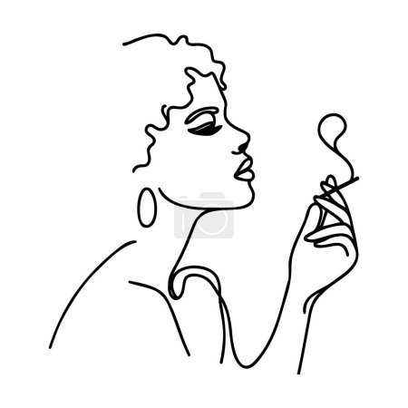 Photo for Woman with a cigarette in her mouth one line drawing on white isolated background. - Royalty Free Image