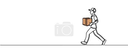 Photo for Continuous one line drawing of parcel delivery. Young guy with a shopping delivery box on a white background - Royalty Free Image