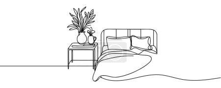 Photo for Continuous single line drawing of a double bed and table with a potted plant in a simple linear style. Vector illustration. - Royalty Free Image