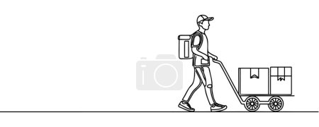 Photo for Single line drawing of a courier with a cardboard box with a trolley. Delivery service concept. Vector illustration of continuous line drawing. - Royalty Free Image
