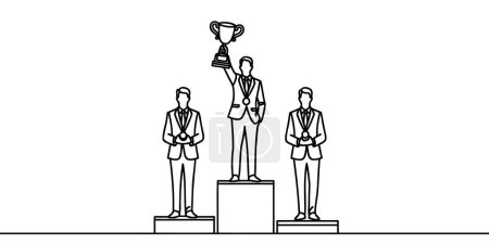 Photo for One line drawing of a young businessman in a suit lifting a golden trophy with one hand on a podium - Royalty Free Image
