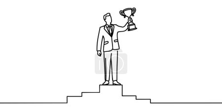 Photo for One line drawing of a young businessman in a suit lifting a golden trophy with one hand on a podium - Royalty Free Image