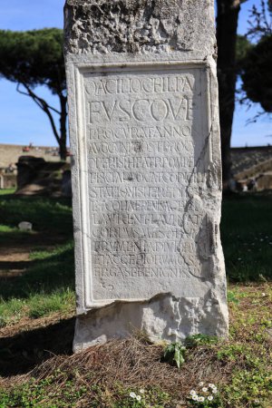 Photo for Ruin of a roman temple with a latin inscription in Ostia Antica, Italy - Royalty Free Image