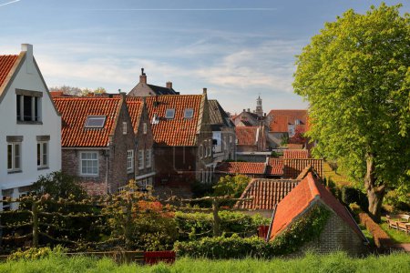 Téléchargez les photos : Maisons historiques et toits à Heusden, Brabant-Septentrional, Pays-Bas, une ville fortifiée située à 19km d'Hertogenbosch, avec la tour de l'horloge du Stadhuis (Hôtel de Ville) en arrière-plan - en image libre de droit