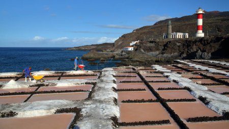 Photo for FUENCALIENTE, LA PALMA, CANARY ISLANDS, SPAIN - OCTOBER 17, 2023: Salinas de Fuencaliente (Salt fields of Fuencaliente) located in the south of the island, with workers and the lighthouse in the background - Royalty Free Image