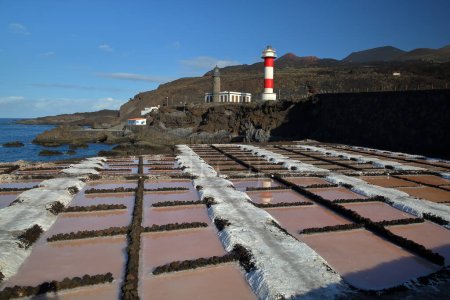 Salinas de Fuencaliente (Salt fields of Fuencaliente), located in FuenCaliente (South of the island), La Palma, Canary Islands, Spain, with the lighthouse in the background