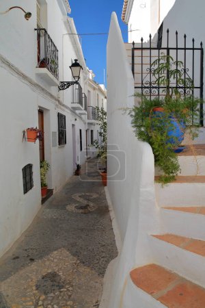 A picturesque narrow and steep cobbled alley in Frigiliana, Axarquia, Malaga province, Andalusia, Spain, with traditional whitewashed little houses and decorated with colorful flowers and plants