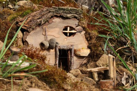 Small wooden fairy house in the forest, close-up 