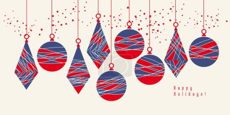 Abstrakte Streifen Weihnachtsschmuck Karte in blau und rot. Klassische Farben Weihnachtskugeln Vektor. Weihnachtskugeln Cliparts für Header, Postkarte, Poster, Banner, Einladung.