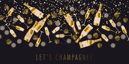 Flocons de neige et bannière champagne sur fond noir. En-tête de célébration d'hiver avec vin mousseux pour la nouvelle année, Noël, mariage, célébration, fête, anniversaire. Clipart vecteur de champagne festive.