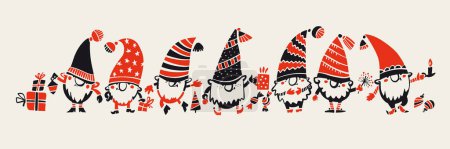 Illustration for Christmas gnomes line. Christmas gnomes silhouette. Christmas gnomes for cutting, print, web. Xmas gnomes header. - Royalty Free Image