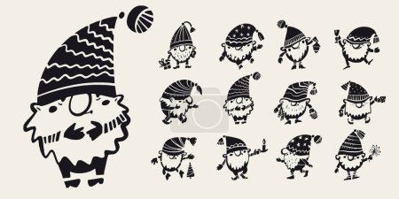 Illustration for Christmas gnomes bundle in black and white. A dozen of gnomes vector silhouette for cards, poster, cutting, invitation, decor, print. - Royalty Free Image