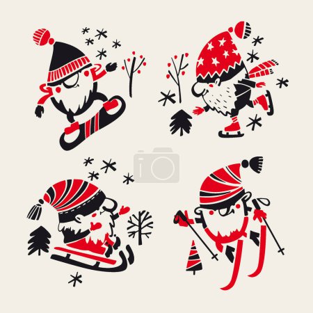 Illustration for Winter sport gnomes. Ski and snowboard gnomes silhouette. Christmas gnomes for cutting, print, web. Xmas gnomes header. - Royalty Free Image