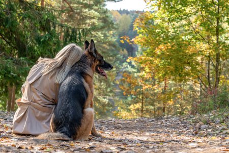 Téléchargez les photos : Back view of sitting woman and dog in autumn wood on the mountai - en image libre de droit